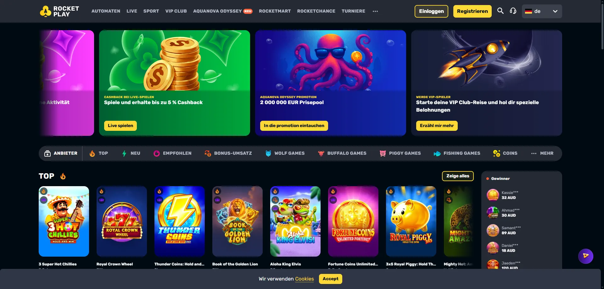 Rocketplay Casino games lobby overview — slots, live, and pokies