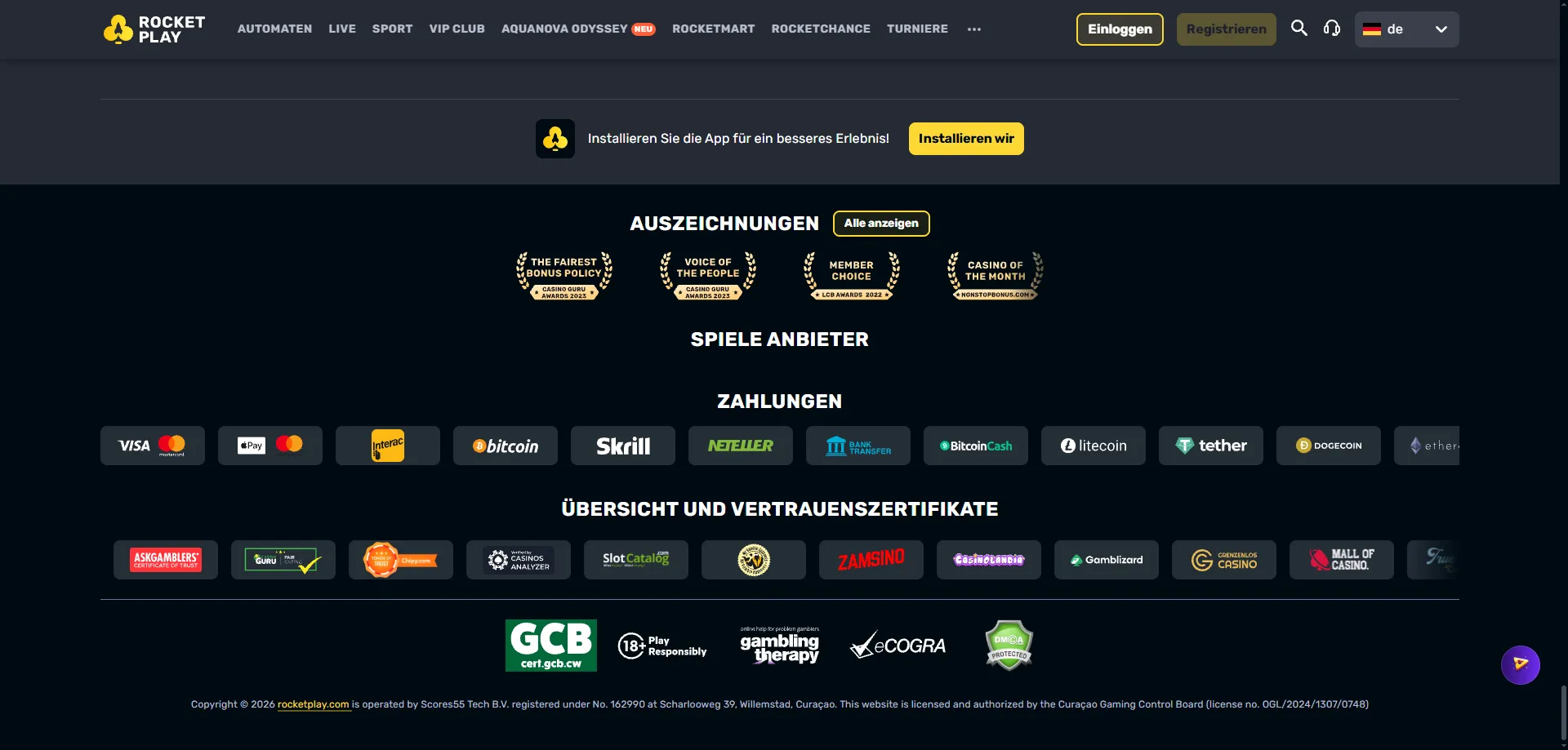Rocketplay Casino deposit and withdrawal payment methods including crypto and Visa