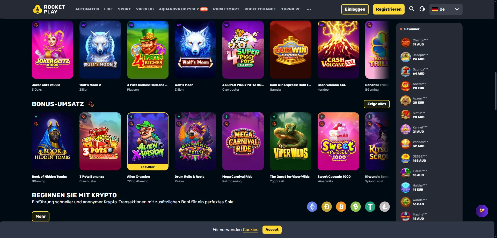 Popular pokies and slot games at Rocketplay Casino Australia