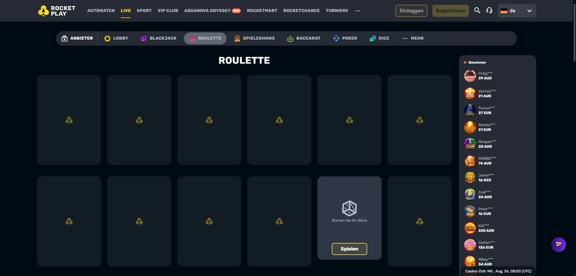 Rocketplay Casino live dealer tables — roulette, blackjack, and baccarat